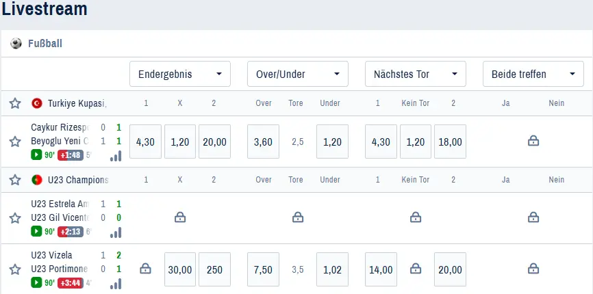 Livewetten-Übersicht – laufende Matches mit Echtzeit-Quoten